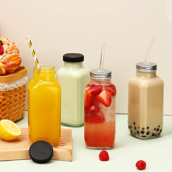 10pcs 16oz Glass Juice Bottles with Lids, Reusable Juice Containers Drinking Jars Water Cups with Brush, Glass Straws, Lids with Hole