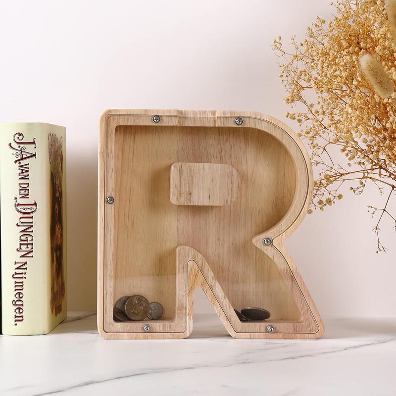 Wooden Alphabet Little Piggy Bank Toy, Large Size, 26 Letters, Personalized Name, Transparent Piggy Bank, Perfect Christmas, Gift for Children, Adults, and Home Decor Ornaments