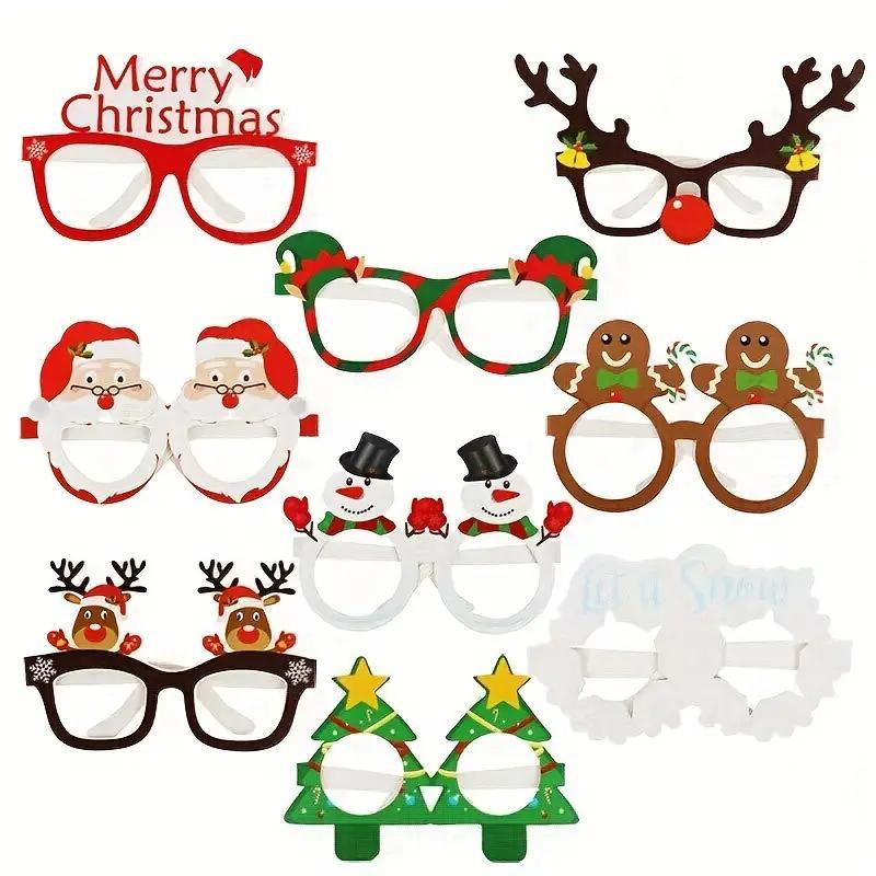 Christmas Themed Paper Glasses, 9 Pairs Cute Cartoon Design Glasses Frame, Photo Props, Party Decoration Supplies for Home Party