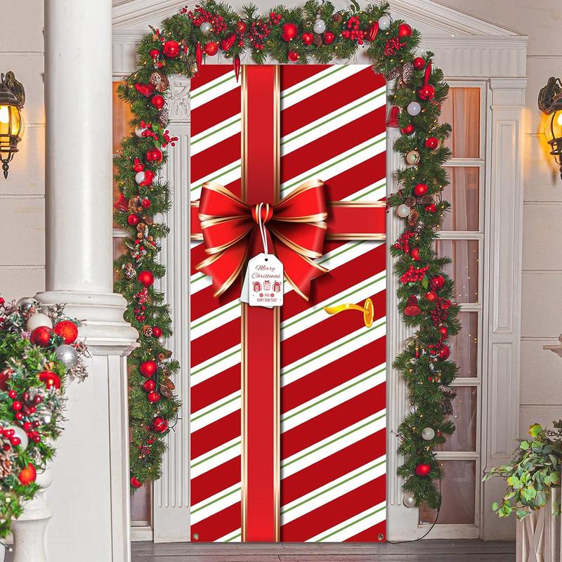 Christmas Door Cover Decoration Merry Box Bowknot Photography Backdrop Outdoor Sign for Home Wall Indoor Outdoor Party 35.4''*78.7''(Red)