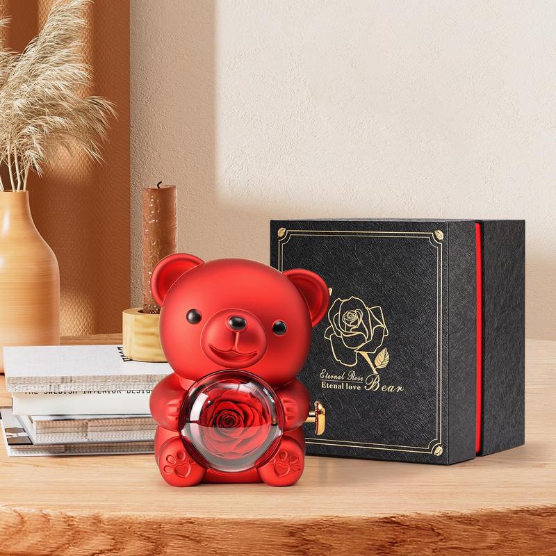 Romantic Teddy Bear with Preserved Rose, Real Rose Flower in Bear with Elegant Gift Box with Heart Shaped Necklace Romantic Gift for Couples, Wife, Husband, Her, Him in Valentine'S Day, Mother'S Day, Weddings, Anniversaries, and Bridal Showers Love (Red)