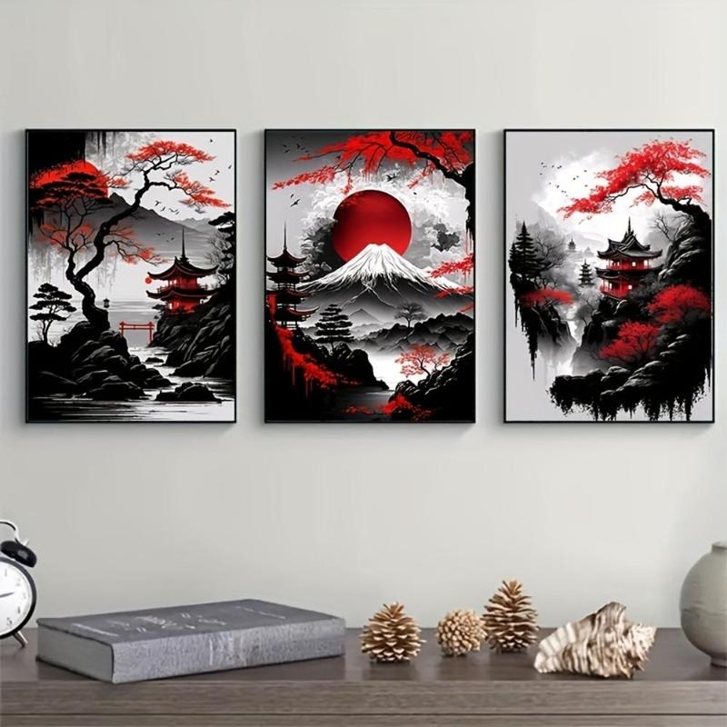 Comic Chinese Landscape Pattern Canvas Painting without Frame (3pcs set), Vintage Ink Art Wall Art Print for Living Room Bedroom Home Decor, Wall Art for Home and Office Wall Decor, Room Decor