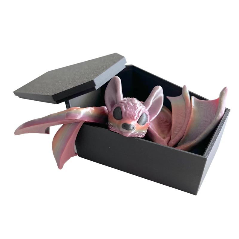 Articulated Bat Figurine with Black Coffin Container 3D Printed Decor Nature Ornaments Box Boxes Box Boxes