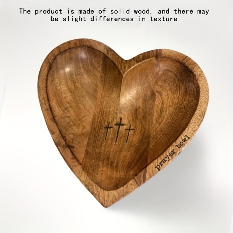 Vintage Heart-Shaped Wooden Prayer Bowl with Engraved Cross - Perfect for Home & Living Room Decor