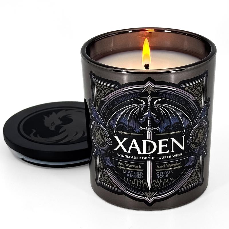 Xaden - Fourth Wing Inspired 8oz Scented Candle - Leather, Amber, Citrus, Rose - Natural Coconut Wax - 35 h Burn Time - Premium Foil Label dark candles