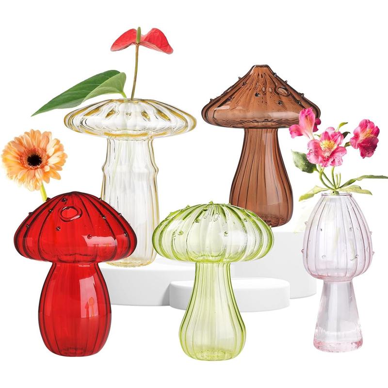 5 count Mushroom Shaped Glass Vase, Planters Clear Hydroponic Vase,   for Decorative Centerpiece,Table Decor,Home Wedding Party (5 Color)