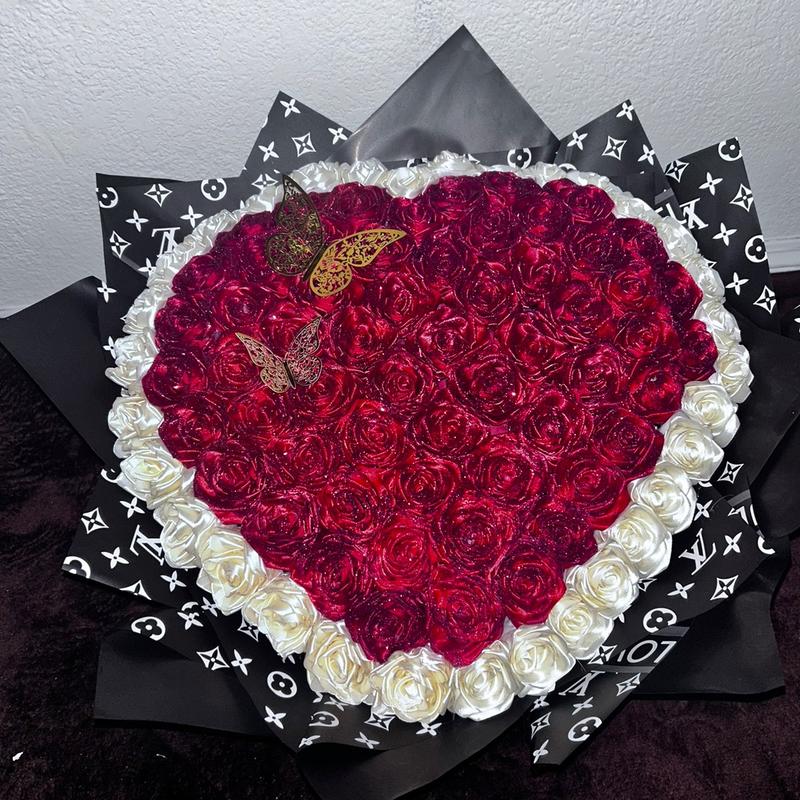 glitter roses heart shaped ribbon bouquet (wrapping is not the same as the one in the image)