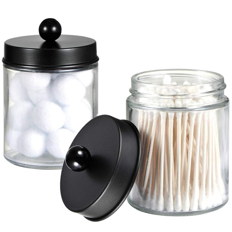 4-Pack Apothecary Jars Set - Bathroom Storage Organizer with Stainless Steel Lids & Stickers, Ideal for Qtip Dispenser (Black Glass)