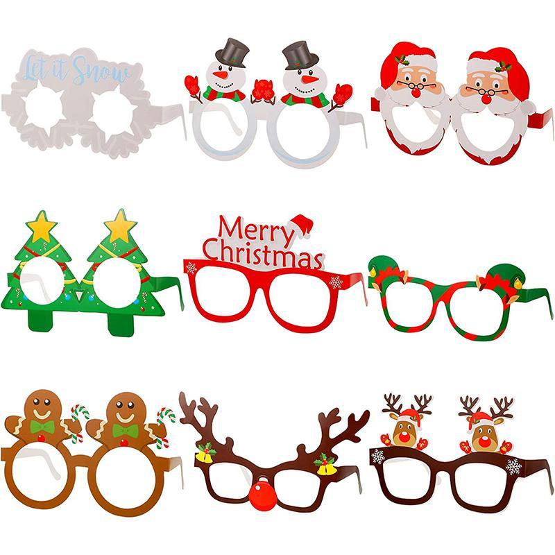 Christmas Themed Paper Glasses, 9 Pairs Cute Cartoon Design Glasses Frame, Photo Props, Party Decoration Supplies for Home Party