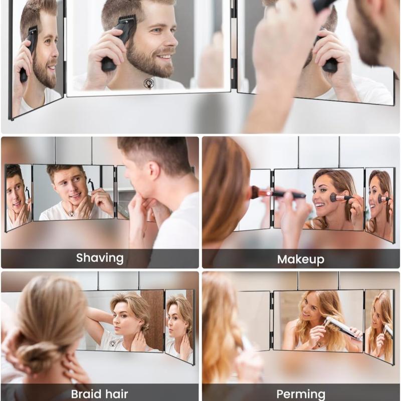 3 Way Mirror with 3 Colors Light, Rechargeable Self Cut Mirror Trifold Mirrors, Adjustable Barber Mirror Telescoping Hooks for Self Hair Portable