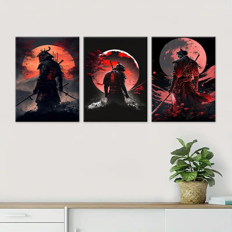 Wooden Framed Canvas Painting, 3 Counts set Samurai Pattern Wall Art, Modern Art Wall Decor, Home Decoration Poster for Living Room, Bedroom, Christmas 2024 Ornament, Christmas Gift Ideas, Stocking Stuffers