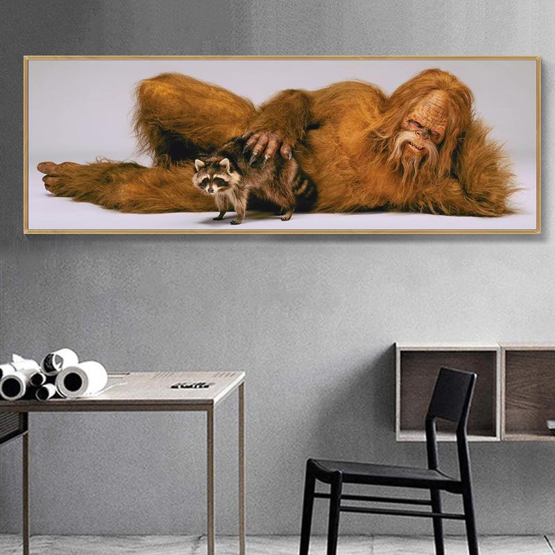 Sasquatch & Raccoon Pattern Canvas Poster without Frame, 1 Count Creative Wall Art, Wall Decor for Home Living Room Bedroom Office