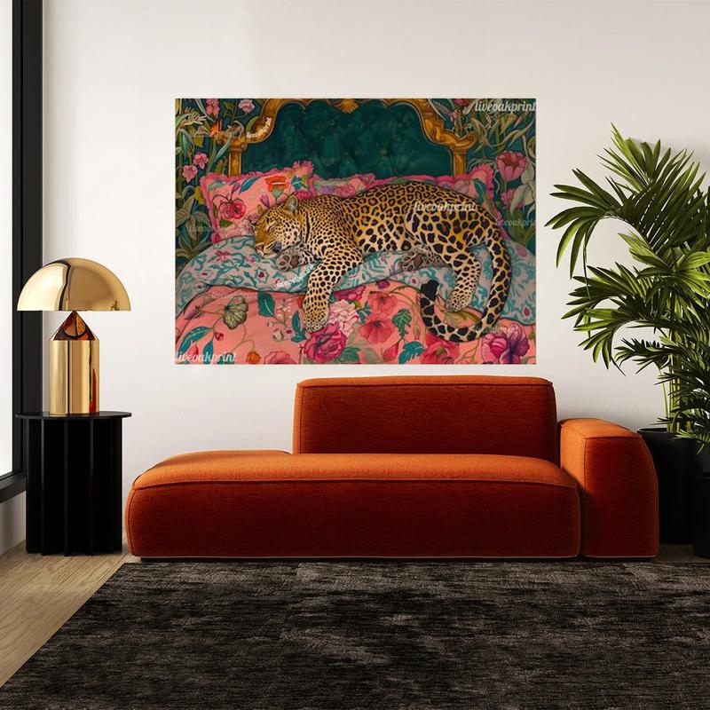 Sleepy Leopard In a Vintage Bed - Leopard Bedroom - Maximalist Wall Art - Decoration Photo