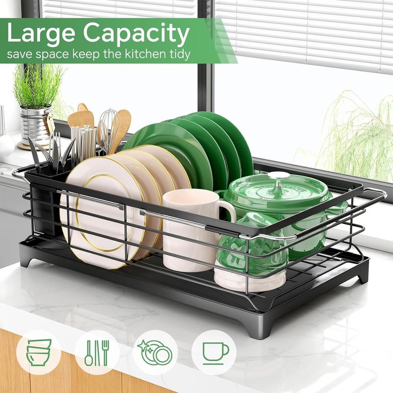 Dish Drying Rack in Sink Stainless Steel  Racks for Kitchen Counter Expandable Drainer with Removable Utensil Holder Black Organiser Set Box Tool