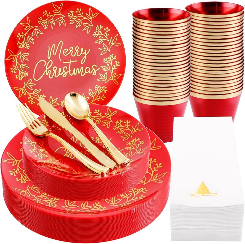 Nervure 175PCS Christmas Disposable Plates, Red and Gold Plastic Plates Set, Red Gold Dinnerware Set Includes: 50PCS Plates, 25Cutlery Sets, 25PCS Cups, 25PCS Napkins,for Christmas party, wedding