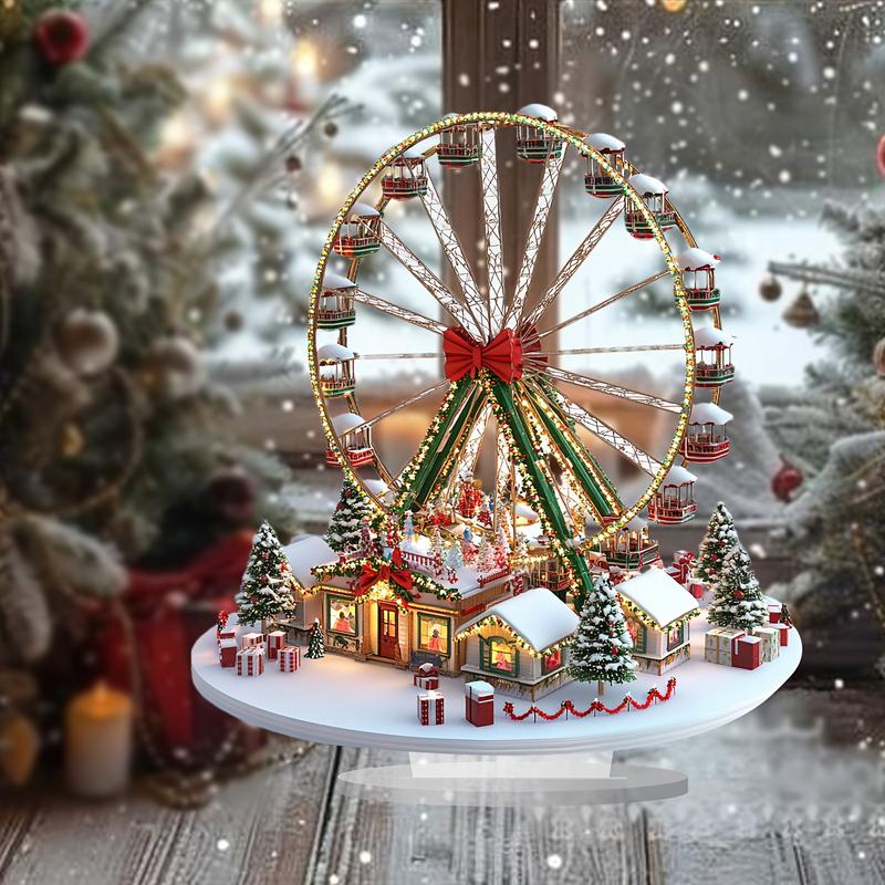 1 One Bohemian Acrylic Christmas Village Ferris Wheel Decoration-Multi-Functional Desktop Display, Snow House Scene, 2D HD Art, Suitable for Home, Office, Cafe-Perfect Christmas, Thanksgiving Decoration-Unique Holiday Gift