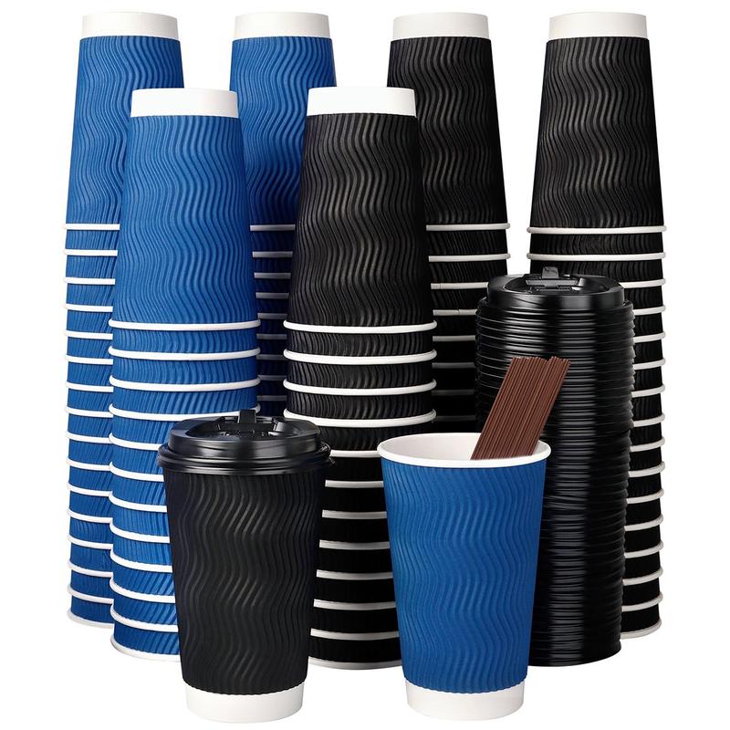 90 Pack 16-oz Disposable Coffee Cups with Lids and Straws, Insulate Ripple Wall To Go Coffee Cups Hot Coffee Tea Beverage Chocolate, Paper Cups for Home Office Cafe(Black & Blue)