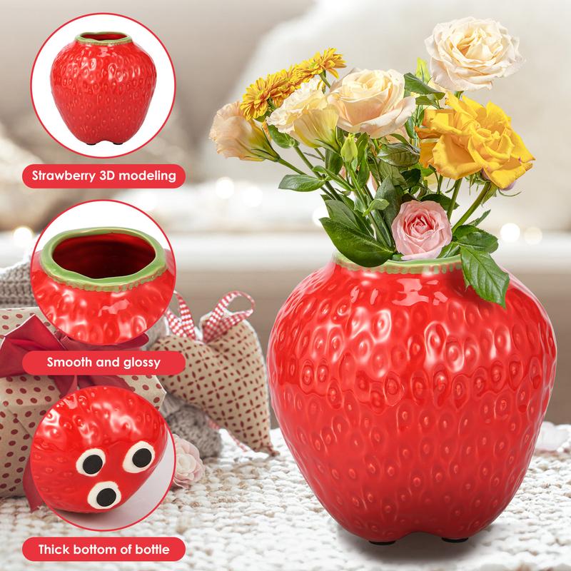 Strawberry Vase Ceramic Flower Vase Decorative Ceramic Vase Cute Strawberry Shape Vase Unique Vase for Flowers Realistic Strawberry Vase for Home Kitchen Office Decor Red