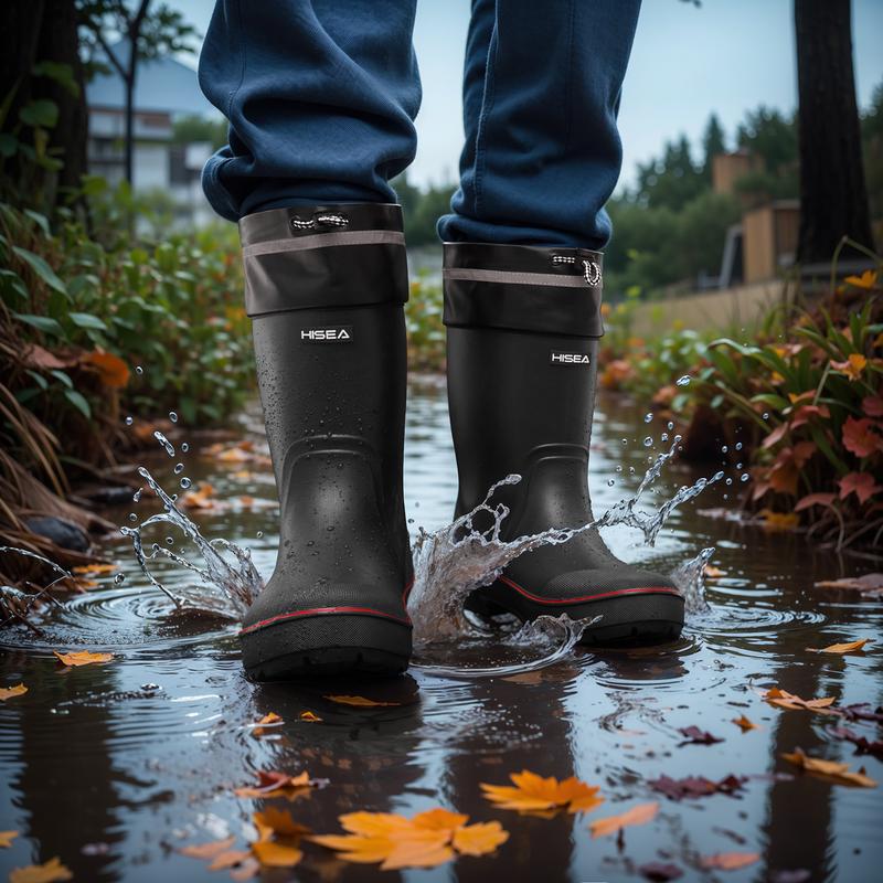 HISEA Men's Rubber Rain Boots Waterproof Durable Non Slip Mid Calf Boots for Garden Fishing Outdoor with Adjustable Closure