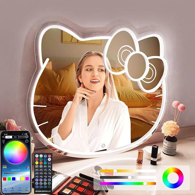 Hello Kit Mirror Stress relief toys Dimmable Hello Kit Vanity Mirror with Lights 200+ Kinds of Color,Acrylic Hello Kit Led Mirror with Remote & App Control, Kitty Neon Mirror Wall Mirror, Children's Favorite