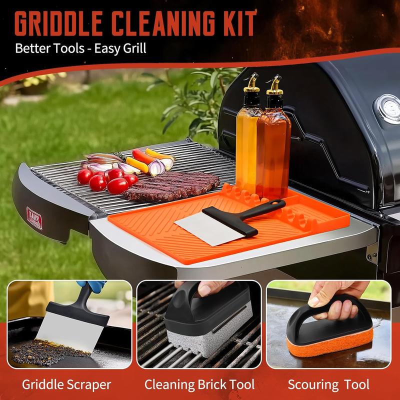 Griddle Cleaning Kit for Blackstone Griddle Accessories -18 Pieces Flat Top Griddle Cleaning Kit -Grill Cleaner Set with Grill Stone, Griddle Scraper,Scouring Pads, Spatula Mat (18, Orange)