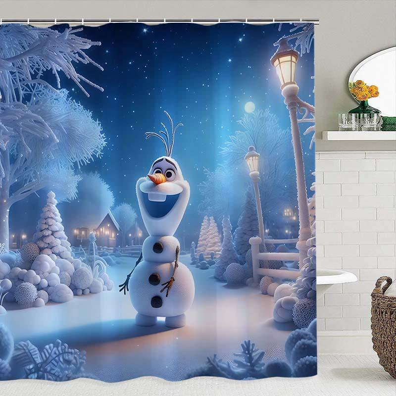 Cartoon Snowman Pattern Shower Curtain, 1 Count Waterproof Bathroom Curtain with Hooks, Bathroom Decor for Home Hotel Salon Dormitory