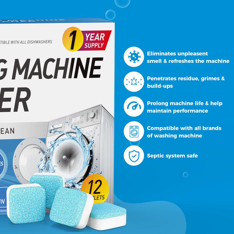 Washing Machine Cleaner Descaler 12 Pack - Deep Cleaning Tablets For HE Front Loader & Top Load Washer, Septic Safe Eco-Friendly Deodorizer, Clean Inside Drum And Laundry Tub Seal - 12 Month Supply