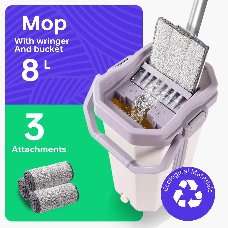 Mop with Wringer & Bucket, 1 Set Including Reusable Microfiber Mop & Attachments, Household Cleaning Tool for Home Kitchen Bathroom