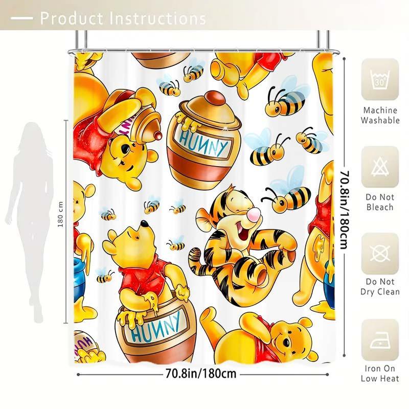 Winnie The Pooh Pattern Shower Curtain, 1 Count Waterproof Bathroom Curtain with Hooks, Bathroom Decor Supplies for Home Hotel Salon Dormitory