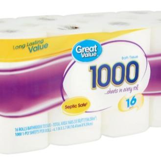 Great Value 1000 Bath Tissue Rolls, 16 Rolls