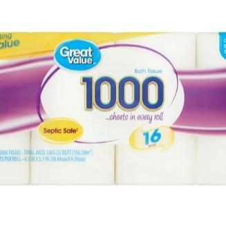 Great Value 1000 Bath Tissue Rolls, 16 Rolls