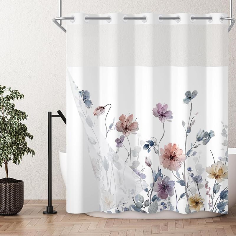 No Hook Shower Curtain with Snap in Liner Watercolor Floral Shower Curtain and Liner Set Double Layers Waterproof Fabric and See-Through Top Window Bathroom Decorative 71x74inch Colorful Flower