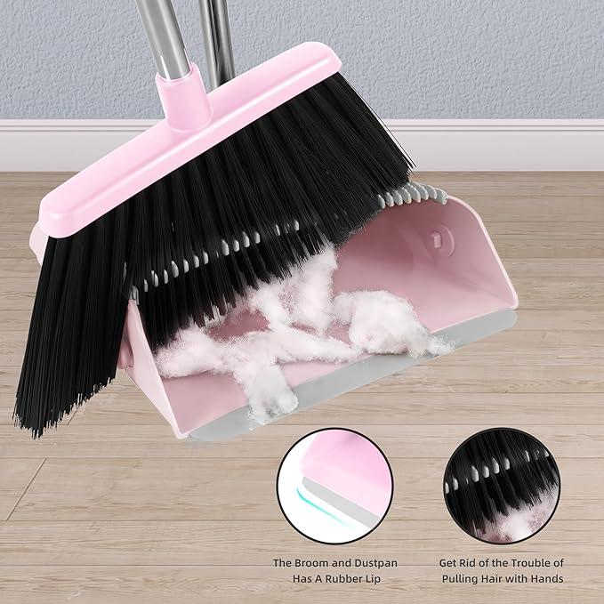 Broom and Dustpan Set, Outdoor Broom Dustpan Combo Set Home Commercial Cleaning Supplies Angle Broom with Long Handle Perfect for Courtyard Garage Street Pink