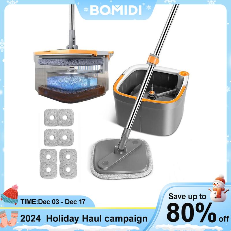 BOMIDI Spin Mop and Bucket System, Includes Dual Compartment Mop Bucket with Thick Washable Microfiber Pads for Home Cleaning