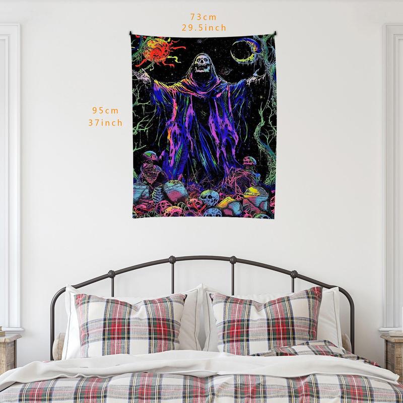 Skeleton Wizard Pattern Tapestry, 1 Count Colorful Gothic Wizard Skeleton Peach Fleece Hanging Tapestry, Wall Hanging Decor for Home Living Room Bedroom Dormitory