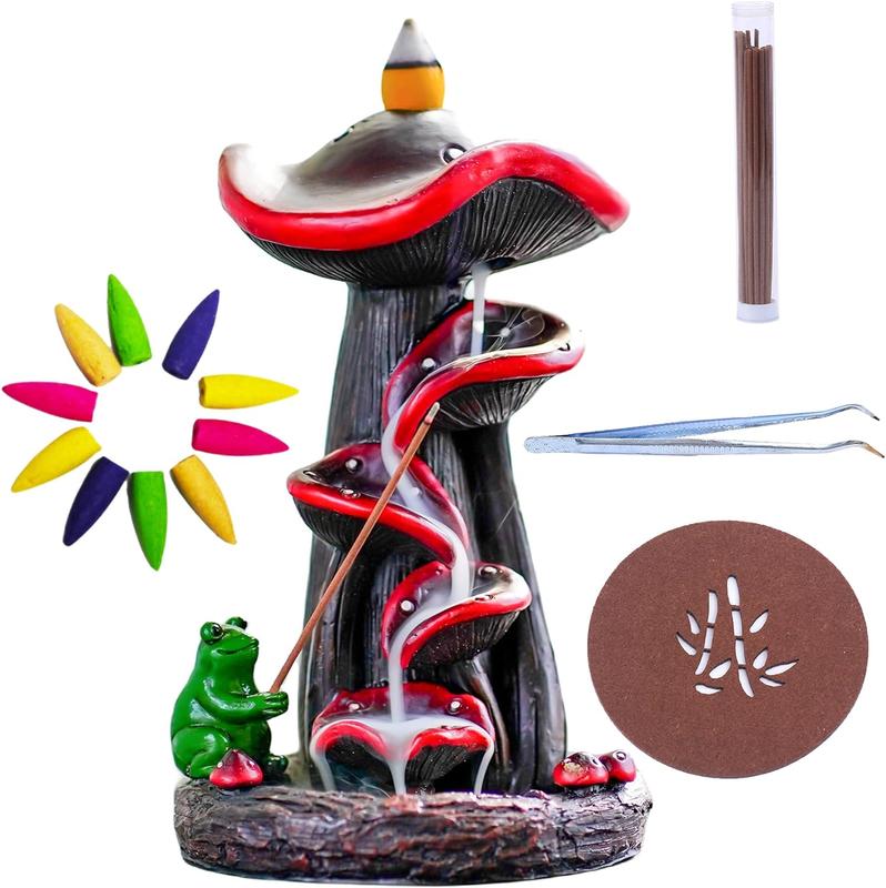 Cute Mushroom Incense Holder with 30 Incense Cones + 30 Incense Stick, Handmade Waterfall Backflow Incense Burner, Nature Theme Incense Burner, Adorable Home Decoration Scented Scent Freshener Fragrance Perfume Aroma