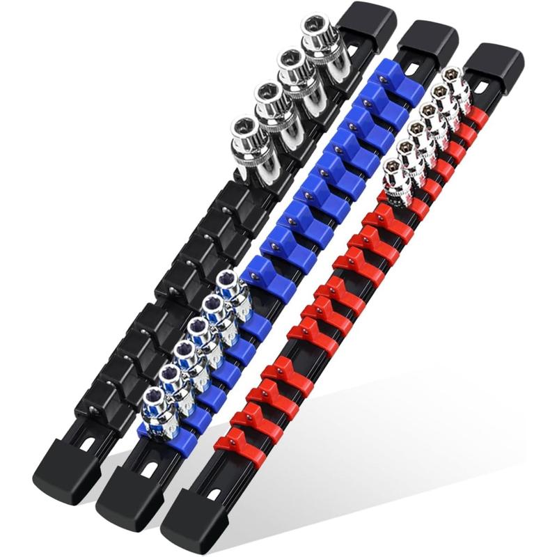 3-Count Socket Organizer Rail Set, Premium Socket Holder, Heavy-Duty Socket Rack Kit With 43 Clips 1 4-Inch x 16 Clips, 3 8-Inch x 15 Clips, 1 2-Inch x 12 Clips – Ideal for Tool Storage