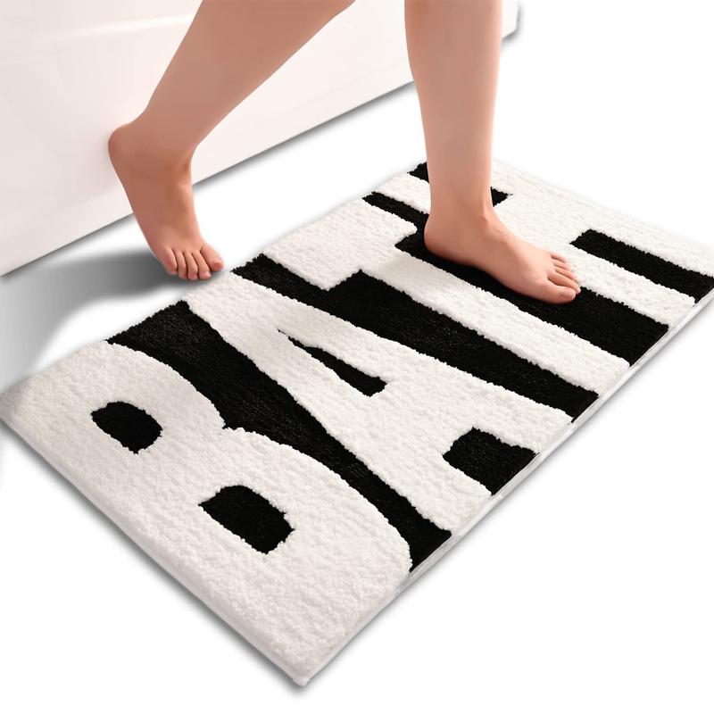 Black and White Non Slip Bathroom Rug - Soft Shaggy Bath Mat for Shower - Cute Bathroom Decor - Super Absorbent - Machine Washable-16x24