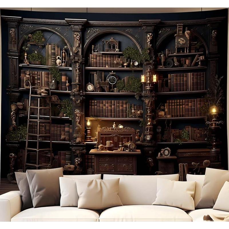 Medieval Bookcase Tapestry, Vintage Gothic Bookshelf Backdrop Spooky Library Tapestries Wall Hanging Dark Academia Wall Art for Bedroom Living Room Large Office Zoom Background