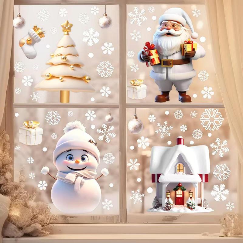 Christmas Themed Window Sticker, 4 Sheets set Snowman & Santa Claus Pattern Window Decal, Decorative Sticker for Home Party Festival