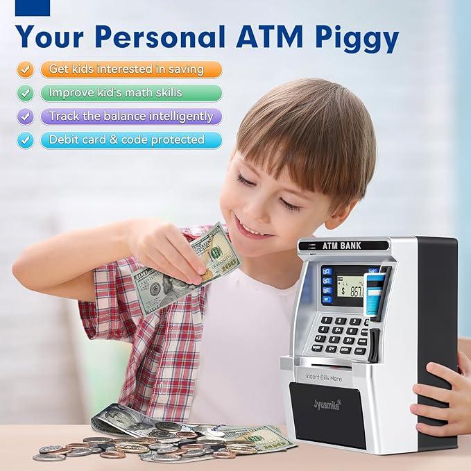 ATM Piggy Bank for Kids, ATM Machine for Real Money with Debit Card, Bill Feeder, Coin Recognition, Balance Calculator, Electronic Savings Safe Box, Gifts for Teen Boys Girls