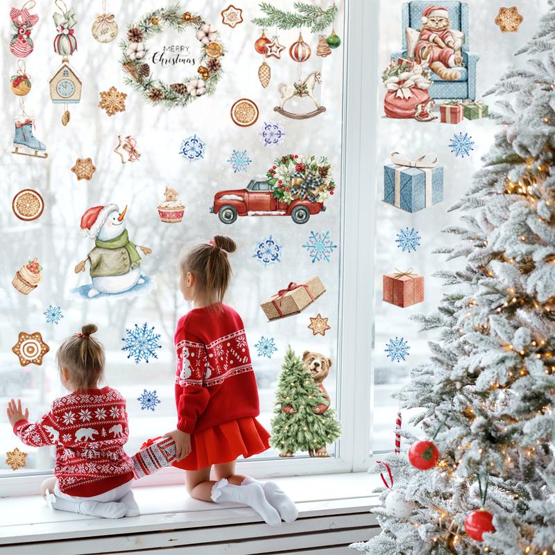 Christmas Window Clings, 9 Sheets Xmas Window Stickers Santa Snowman Snowflake Merry Christmas Window Clings, Double-Side Window Decals for Party Decorations Home School Glass