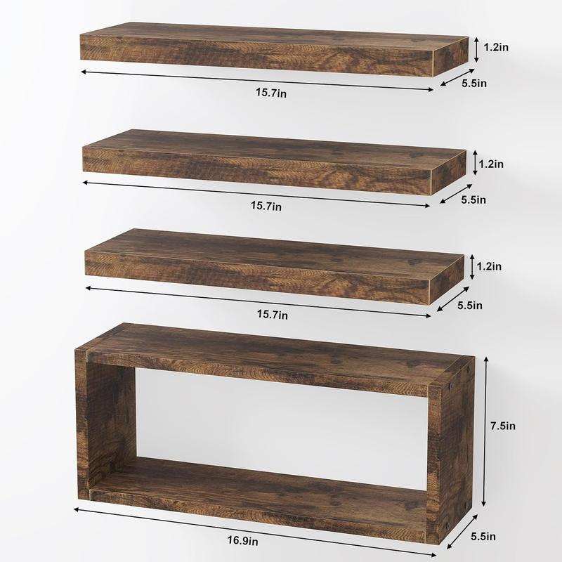 Floating Shelves, 4+1 Tier Rustic Bathroom Shelves Over Toilet with Invisible Brackets, Farmhouse Wall Decor for Bedroom, Living Room, Kitchen and Plants (Rustic Brown) Shelf Installation Mdf