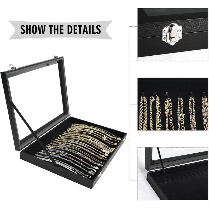  20 Hooks Necklace Display Tray with Transparent Lid Necklace Display Box for Necklace Pendants Suitable for Women (Black)