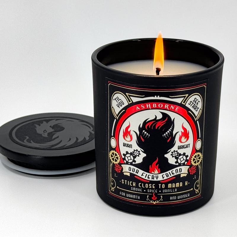 Our Fiery Friend - 8oz Scented Candle - Smoke, Spices, Vanilla - Natural Coconut Wax - 35 h Burn Time - Premium Foil Label