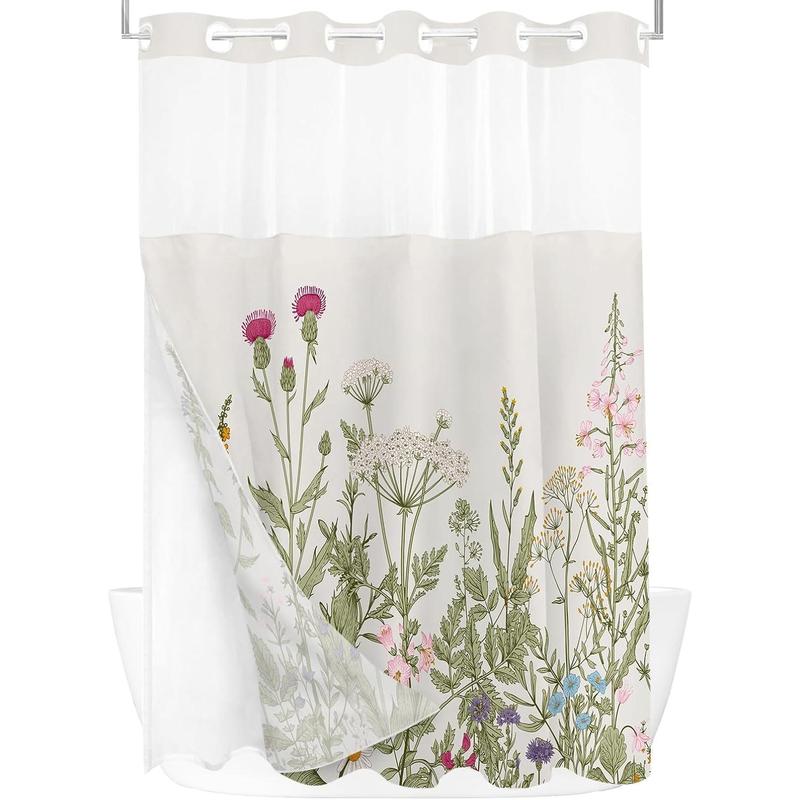 No Hooks Snap in Liner Vintage Wildflower Botanical Herbs Shower Curtain Sets, Hotel Luxury Double Layers Waterproof Fabric & See-Through Top Window Bathroom Decorative 60x72 Inch Print Artwork