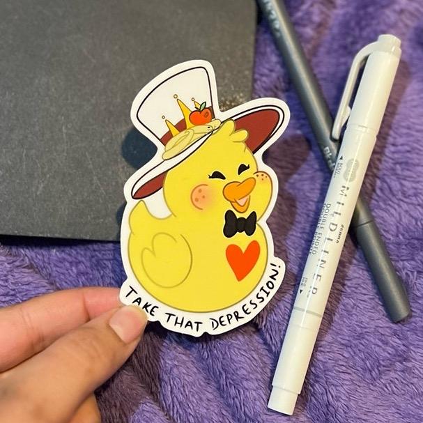 Lucifer’s Duck ‘Take That Depression’ | Rubber Duck Sticker, Cartoon Demon Hotel Sticker, Lucifer Morningstar Hat, Depression Duck Sticker, Haze bin Hotel Decor Decorative Decoration