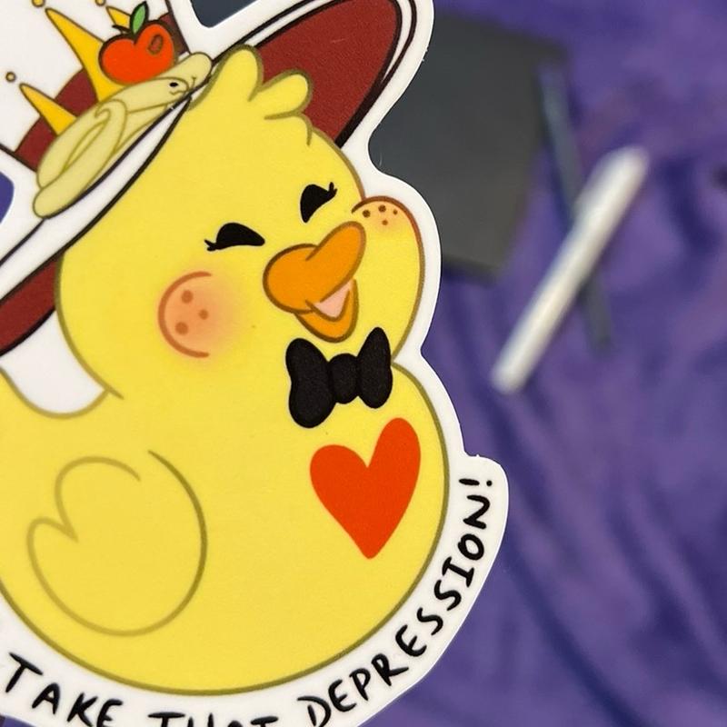 Lucifer’s Duck ‘Take That Depression’ | Rubber Duck Sticker, Cartoon Demon Hotel Sticker, Lucifer Morningstar Hat, Depression Duck Sticker, Haze bin Hotel Decor Decorative Decoration