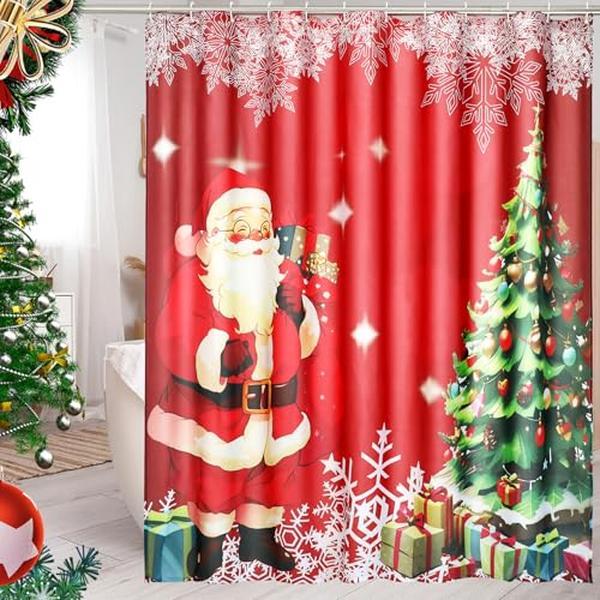 Christmas Shower Curtain for Bathroom Winter Holiday Vintage Fabric Xmas Santa Tree Snowflake Shower Curtain Waterproof Decor Set w 12 Hooks 72x72in