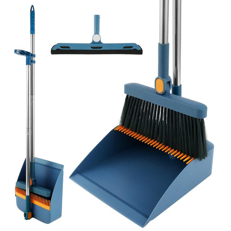 3 Counts Floor Sweeping Set with Long Handle 180°Rotating Floor Broom Squeegee Dustpan Set Foldable Stand Dustpan and Broom Combo with Comb Teeth Portable Squeegee Broom for Kitchen Office Home Floor